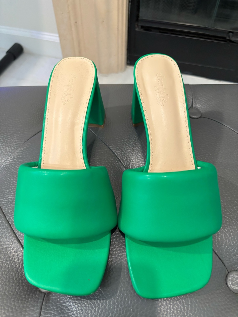 Green Padded Square-Toe Heels